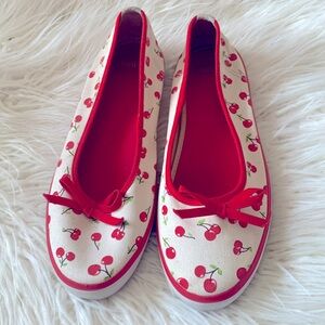 Cherry Print Slip on Keds- Ballet Flat Style with Bow. Size 8. EUC!!!